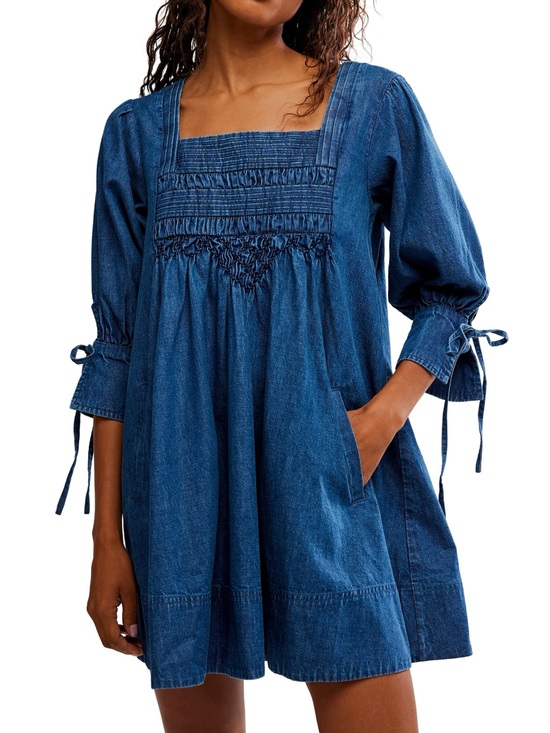 Free People Dresses & Skirts - Free People Blue Denim Babydoll Mini Dress Square Neck Smocked Boho Cottagecore